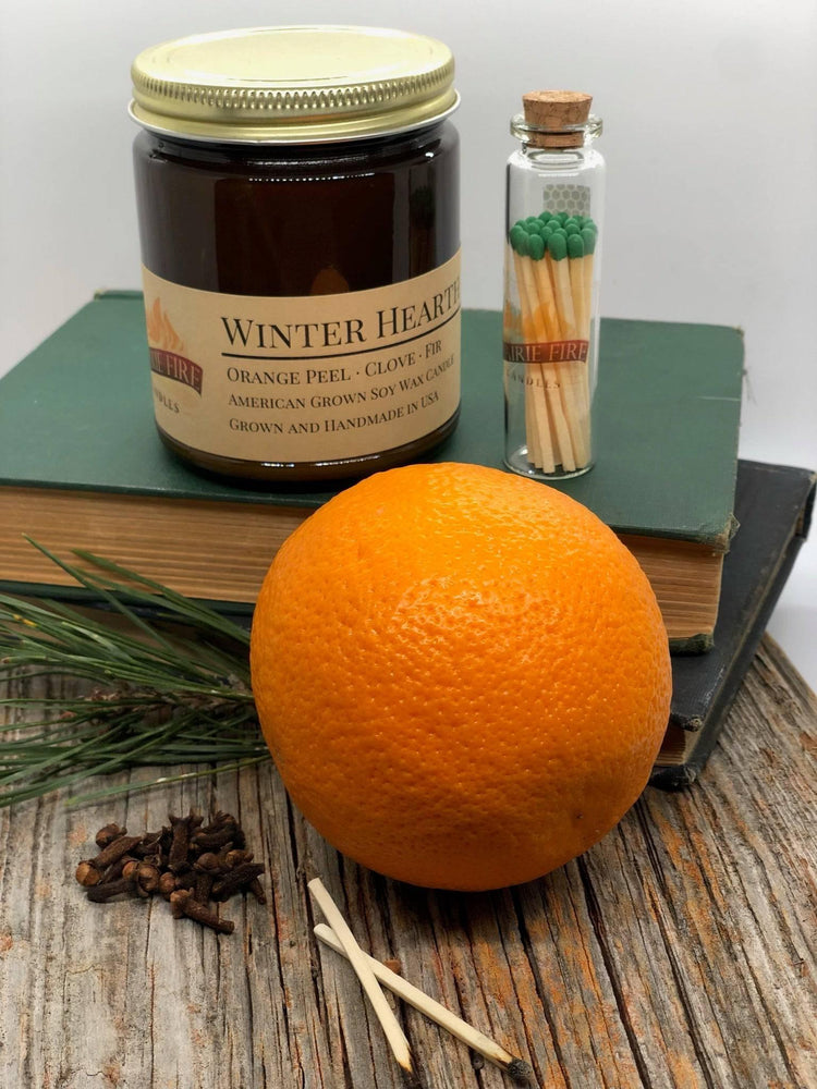 Winter Hearth Soy Candle in Amber Glass Jar, 8 oz