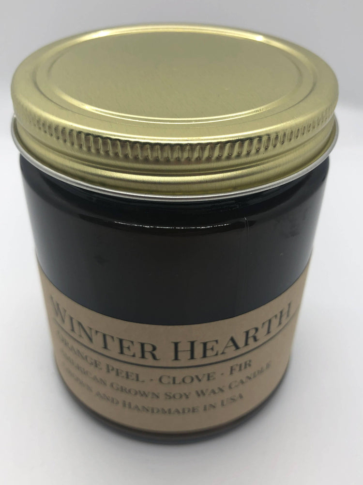 Winter Hearth Soy Candle in Amber Glass Jar, 8 oz