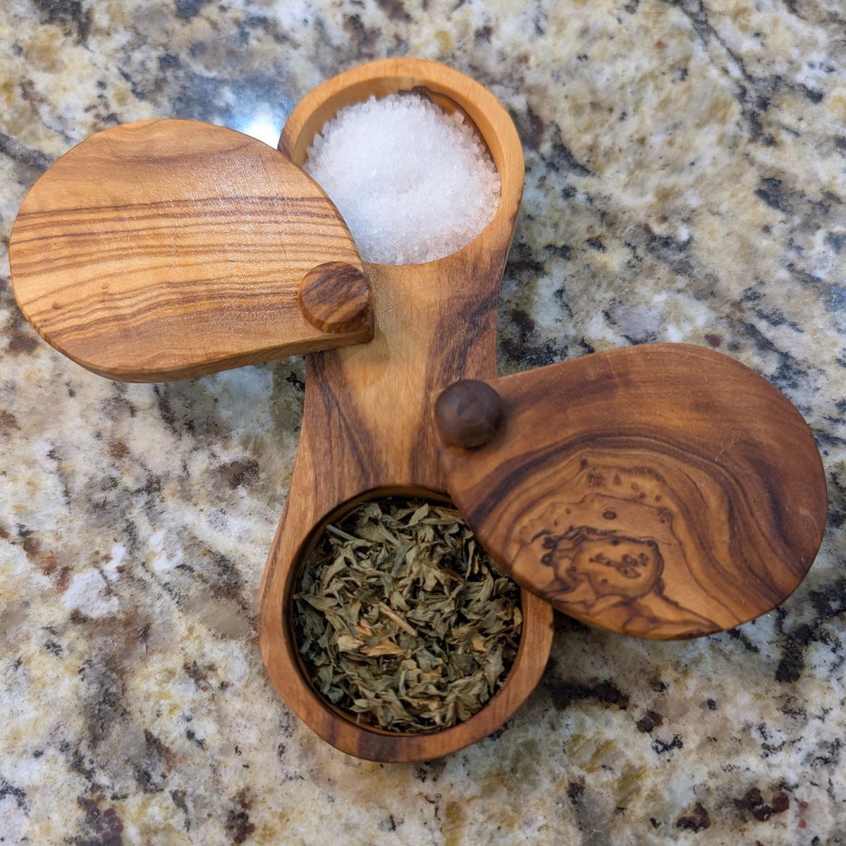 Olive Wood Dual Spice Box with Swivel Lids