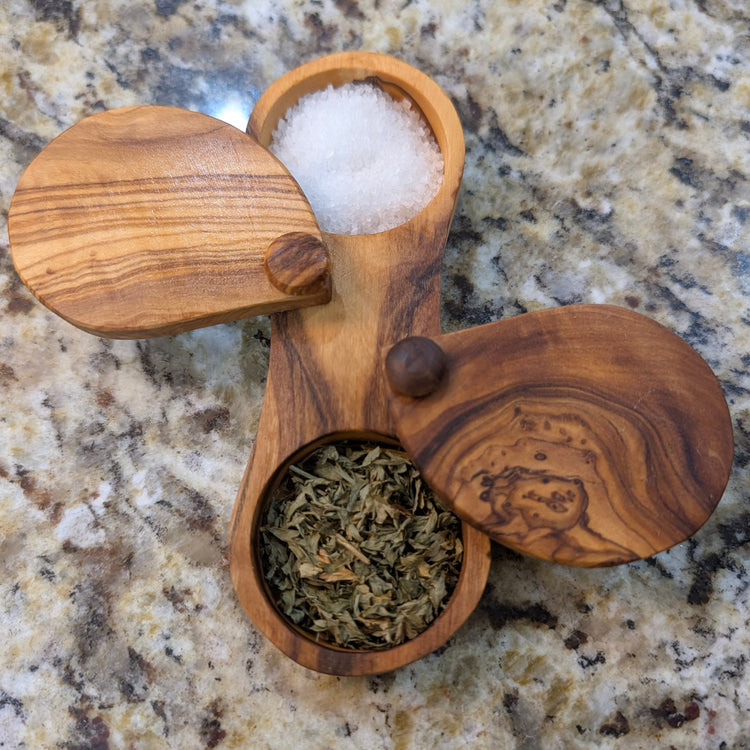Olive Wood Dual Spice Box with Swivel Lids